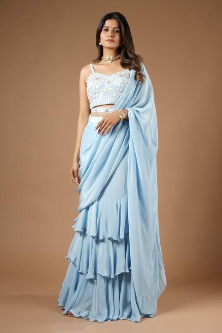 Buy_Vana Ethnics_Blue Viscose Sequins, Tassels Pre-draped Ruffle Saree With Embroidered Blouse _Online_at_Aza_Fashions