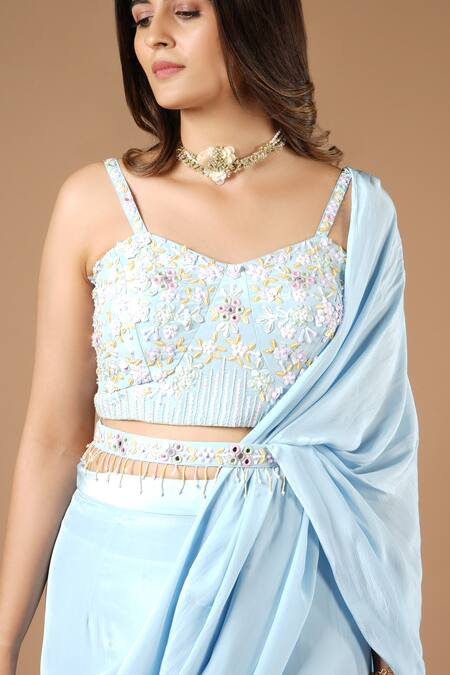 Vana Ethnics_Blue Viscose Sequins, Tassels Pre-draped Ruffle Saree With Embroidered Blouse _at_Aza_Fashions