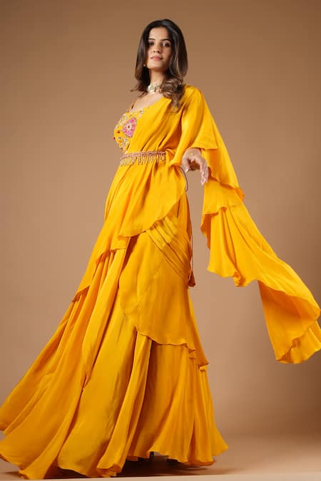 Buy_Vana Ethnics_Yellow Viscose Zari, Embroidery, Tassels Pre-draped Saree With Zardozi Blouse _Online_at_Aza_Fashions