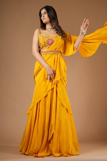 Shop_Vana Ethnics_Yellow Viscose Zari, Embroidery, Tassels Pre-draped Saree With Zardozi Blouse _Online_at_Aza_Fashions