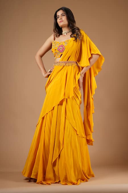 Vana Ethnics_Yellow Viscose Zari, Embroidery, Tassels Pre-draped Saree With Zardozi Blouse _at_Aza_Fashions