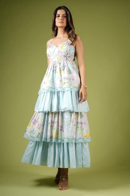 Vana Ethnics_Blue Satin Lace, Sequins Sweetheart Neck Ruffle Layered Botanical Print Dress _Online_at_Aza_Fashions
