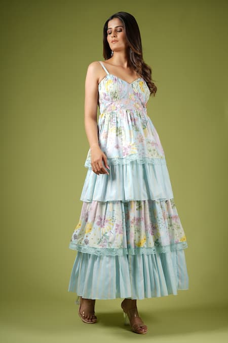 Buy_Vana Ethnics_Blue Satin Lace, Sequins Sweetheart Neck Ruffle Layered Botanical Print Dress _Online_at_Aza_Fashions