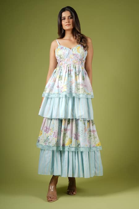 Shop_Vana Ethnics_Blue Satin Lace, Sequins Sweetheart Neck Ruffle Layered Botanical Print Dress _Online_at_Aza_Fashions