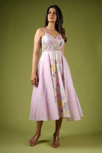 Buy_Vana Ethnics_Purple Viscose Sequins, Beads Botanical Print Pintucked Bustier Dress For Kids_Online_at_Aza_Fashions