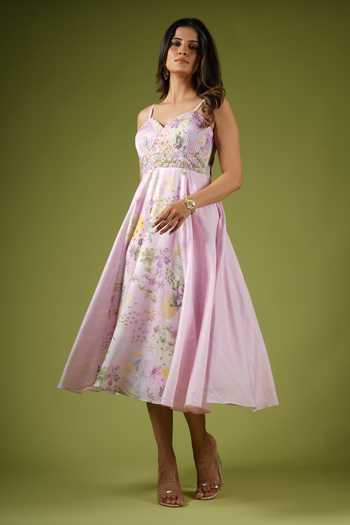 Vana Ethnics_Purple Viscose Sequins, Beads Botanical Print Pintucked Bustier Dress For Kids_at_Aza_Fashions