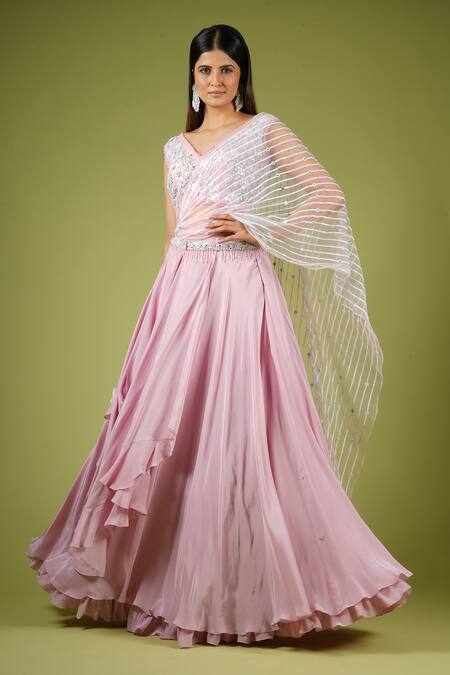 Buy_Vana Ethnics_Pink Georgette Sequins, Mirrors Embroidered Draped Lehenga Saree With Blouse _Online_at_Aza_Fashions