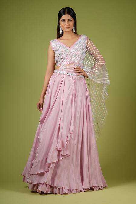 Shop_Vana Ethnics_Pink Georgette Sequins, Mirrors Embroidered Draped Lehenga Saree With Blouse _Online_at_Aza_Fashions