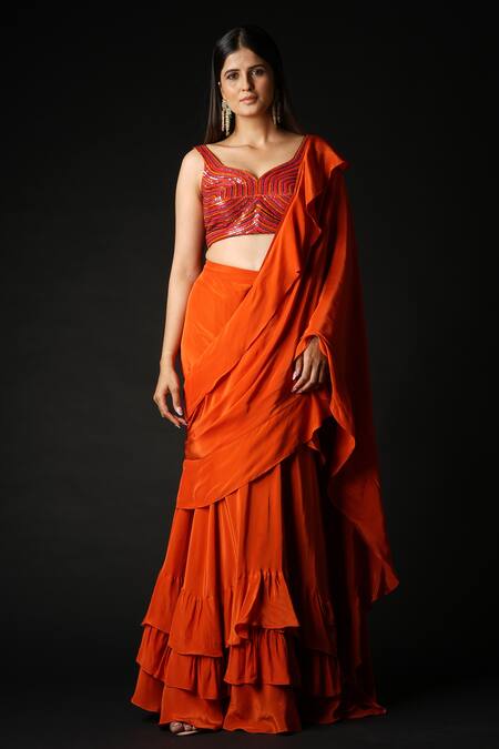 Buy_Vana Ethnics_Orange Viscose Sequins Sweetheart Neck Pre-draped Ruffle Saree With Blouse _Online_at_Aza_Fashions