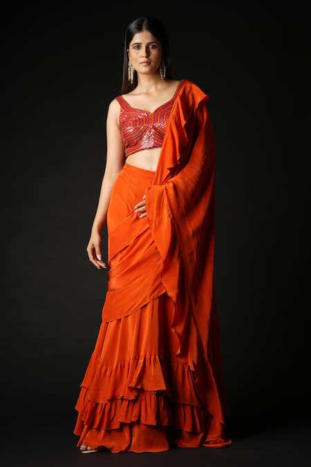 Shop_Vana Ethnics_Orange Viscose Sequins Sweetheart Neck Pre-draped Ruffle Saree With Blouse _Online_at_Aza_Fashions