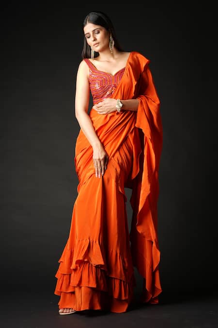 Vana Ethnics_Orange Viscose Sequins Sweetheart Neck Pre-draped Ruffle Saree With Blouse _at_Aza_Fashions