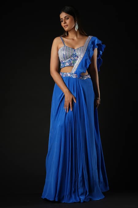 Vana Ethnics_Blue Viscose Sequins, Cut Work Pre-draped Saree With Hand Embroidered Bustier _at_Aza_Fashions