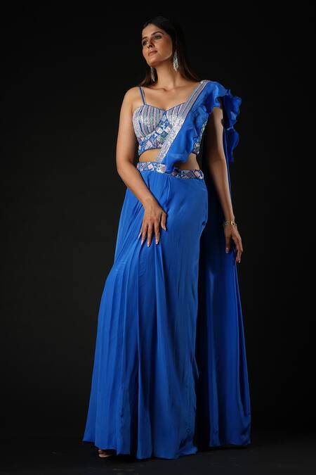 Buy_Vana Ethnics_Blue Viscose Sequins, Cut Work Pre-draped Saree With Hand Embroidered Bustier 