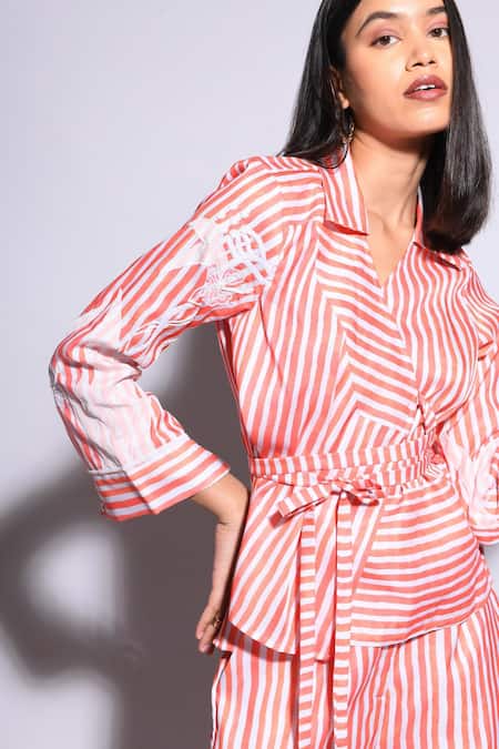 Itara_Orange Satin Silk Bead Work, Applique Shirt Collar Embellished Top And Pant Set_Online_at_Aza_Fashions