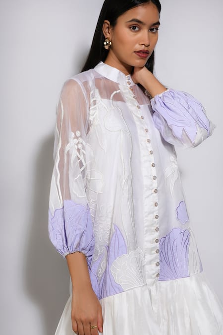 Itara_White Organza, Slip Silk Applique Round Lisian Embroidered Dress_Online_at_Aza_Fashions
