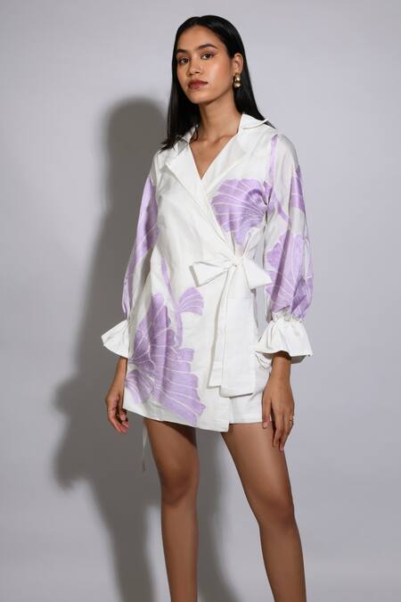 Itara White Silk Floral Notched Lapel Pattern Blazer Dress Online at Aza Fashions Itara_White Silk Floral Notched Lapel Pattern Blazer Dress_Online_at_Aza_Fashions