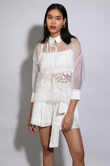 Itara_White Silk, Organza Floral Bustier Scoop, Top Shirt Collar Pattern Shorts Set_Online_at_Aza_Fashions