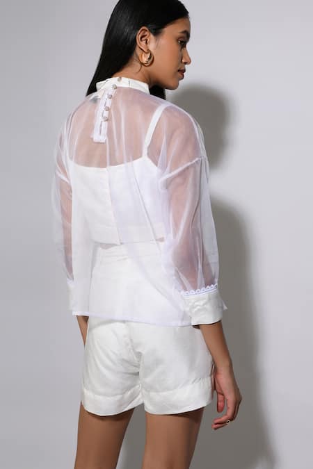 Buy_Itara_White Silk, Organza Floral Bustier Scoop, Top Shirt Collar Pattern Shorts Set_Online_at_Aza_Fashions