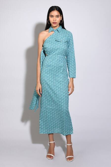 Itara Blue Cotton Floral Print Asymmetric Pattern Dress Online at Aza Fashions Itara_Blue Cotton Floral Print Asymmetric Pattern Dress_Online_at_Aza_Fashions