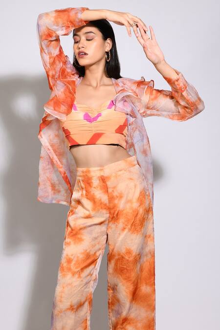 Itara_Orange Silk, Organza Tie Dye Bustier Sweetheart, Top Carnelian Pant Set_Online_at_Aza_Fashions