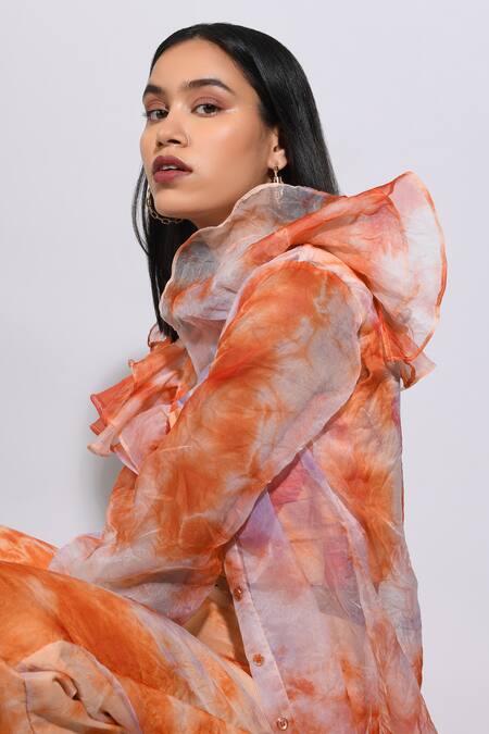 Buy_Itara_Orange Silk, Organza Tie Dye Bustier Sweetheart, Top Carnelian Pant Set_Online_at_Aza_Fashions