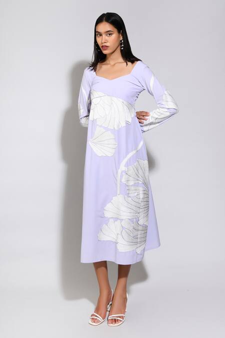 Itara_Purple Cotton Floral Wide V Embroidered Midi Dress_Online_at_Aza_Fashions