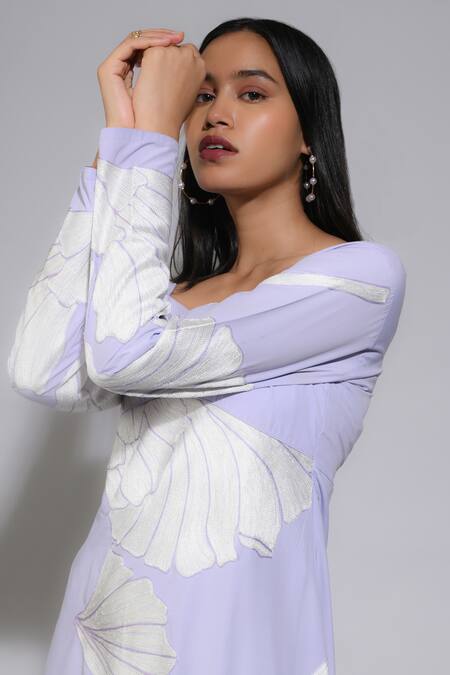 Buy_Itara_Purple Cotton Floral Wide V Embroidered Midi Dress_Online_at_Aza_Fashions