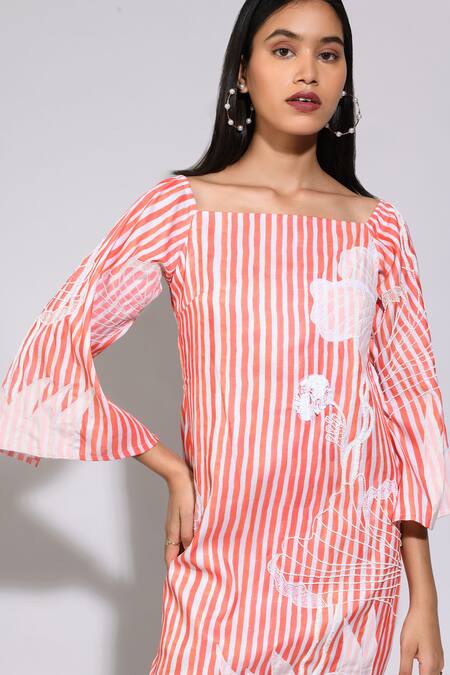 Itara_Orange Satin Silk Bead Work, Applique Square Neck Striped Pattern Shift Dress_Online_at_Aza_Fashions