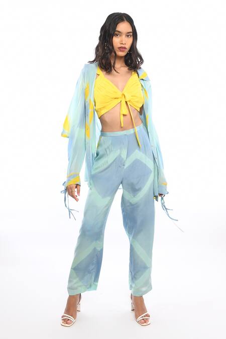Shop_Itara_Blue Silk Tie Dye Bustier V Neck,  Collar Pant Set_Online_at_Aza_Fashions