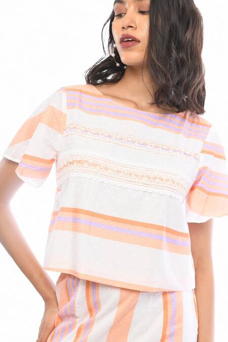 Itara_White Cotton Round Striped Coastal Top And Skirt Set_Online_at_Aza_Fashions