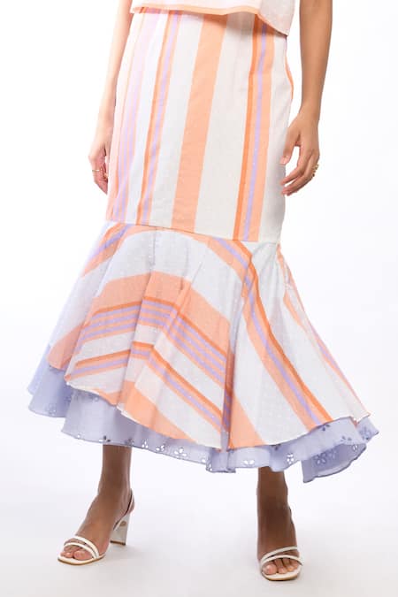 Buy_Itara_White Cotton Round Striped Coastal Top And Skirt Set_Online_at_Aza_Fashions