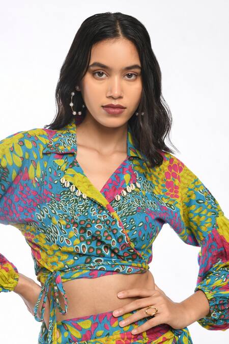 Buy_Itara_Multi Color Twill Crush Abstract Notched Lapel Splash Top And Skirt Set_Online_at_Aza_Fashions