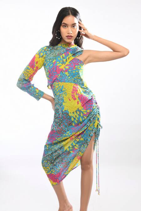 Buy_Itara_Multi Color Twill Crush Abstract Asymmetric Print Dress_Online_at_Aza_Fashions