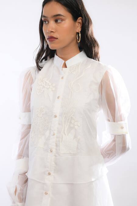 Buy_Itara_White Net, Lining Crepe Applique High Neck Coubert Layered Dress_Online_at_Aza_Fashions