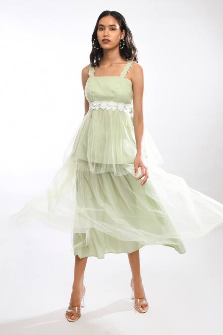 Itara_Green Net, Lining Crepe Square Neck Ruched Top And Pleated Skirt Set_Online_at_Aza_Fashions