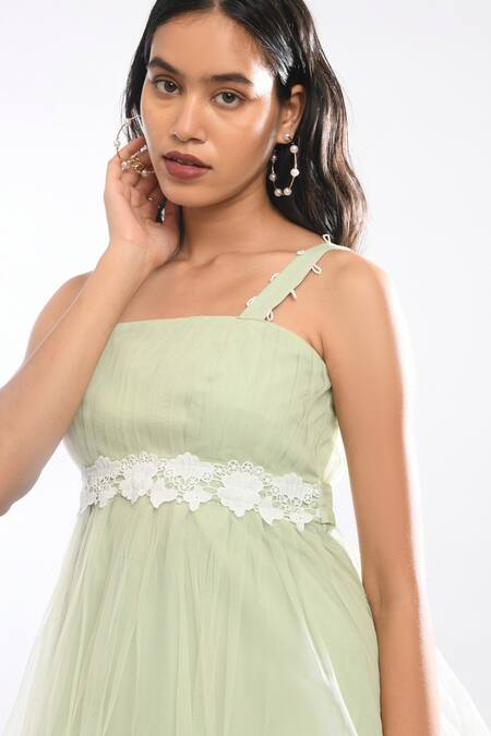 Buy_Itara_Green Net, Lining Crepe Square Neck Ruched Top And Pleated Skirt Set_Online_at_Aza_Fashions