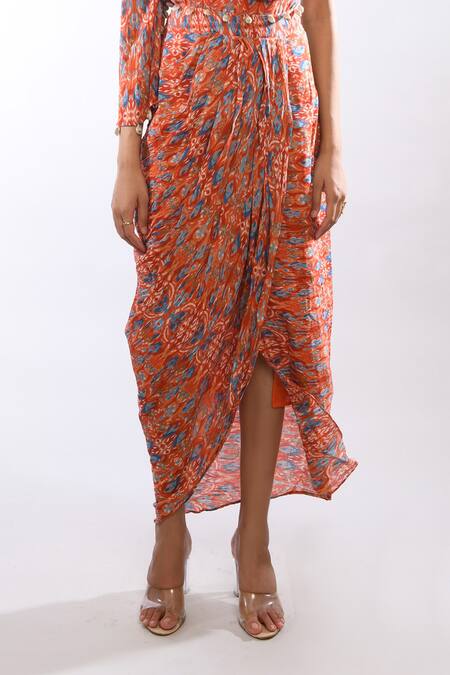Itara_Orange Twill Crush Abstract Print Draped Skirt_Online_at_Aza_Fashions