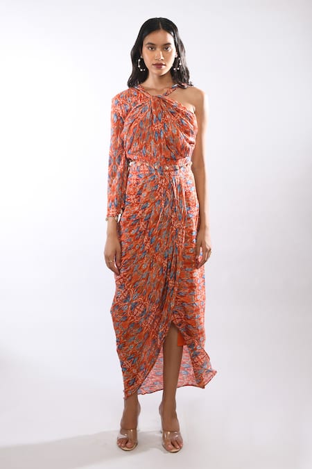 Itara_Orange Twill Crush Abstract Asymmetric Printed Top And Draped Skirt Set _Online_at_Aza_Fashions