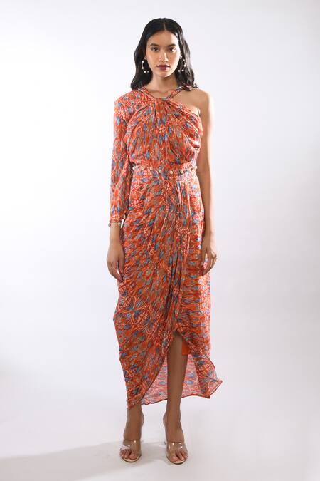 Itara_Orange Twill Crush Abstract Asymmetric Shell Embellished Halter Neck Top_Online_at_Aza_Fashions