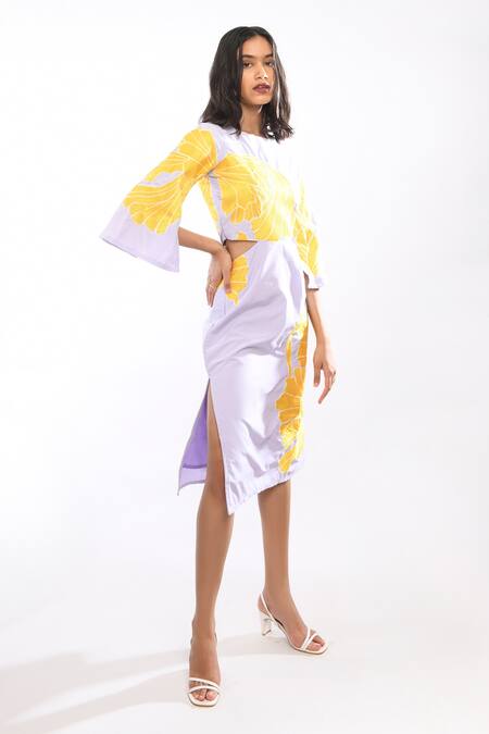 Itara_Purple Cotton Floral Boat Split Sleeved Embroidered Midi Dress_Online_at_Aza_Fashions