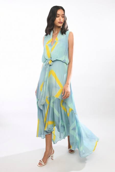Itara Blue Silk Tie Dye V Neck Asymmetric Dress Online at Aza Fashions Itara_Blue Silk Tie Dye V Neck Asymmetric Dress_Online_at_Aza_Fashions