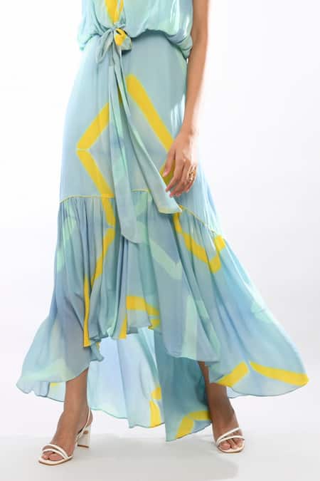 Buy Itara Blue Silk Tie Dye V Neck Asymmetric Dress Online at Aza Fashions Buy_Itara_Blue Silk Tie Dye V Neck Asymmetric Dress_Online_at_Aza_Fashions