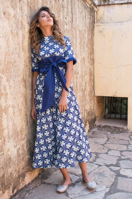 The Home Affair_Blue Cotton Embroidery High Neck Floral Block Print Dress _Online_at_Aza_Fashions