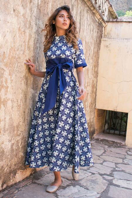 Buy_The Home Affair_Blue Cotton Embroidery High Neck Floral Block Print Dress _Online_at_Aza_Fashions