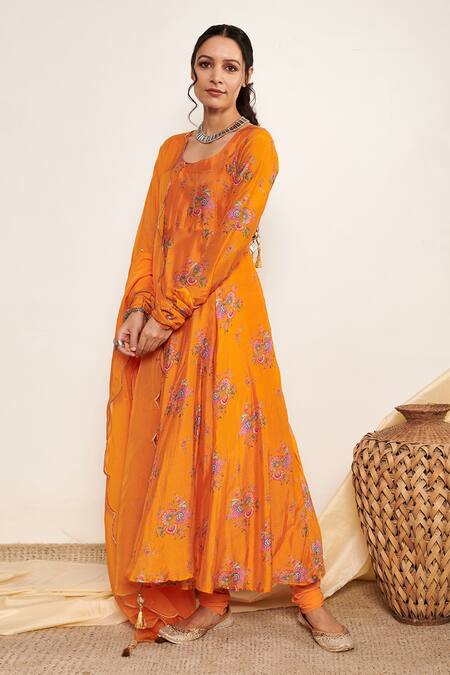 Itraake_Orange Anarkali Cotton Silk Printed Floral Set With Tasselled Dupatta _Online_at_Aza_Fashions