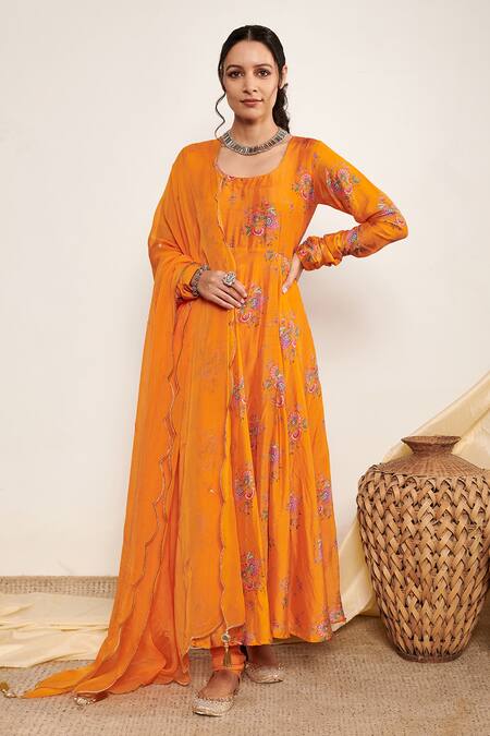 Buy_Itraake_Orange Anarkali Cotton Silk Printed Floral Set With Tasselled Dupatta _Online_at_Aza_Fashions