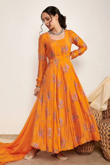 Shop_Itraake_Orange Anarkali Cotton Silk Printed Floral Set With Tasselled Dupatta _Online_at_Aza_Fashions