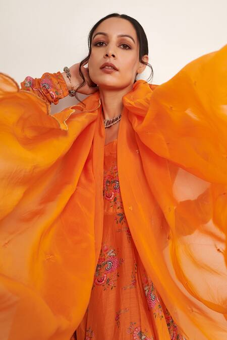 Itraake_Orange Anarkali Cotton Silk Printed Floral Set With Tasselled Dupatta _at_Aza_Fashions