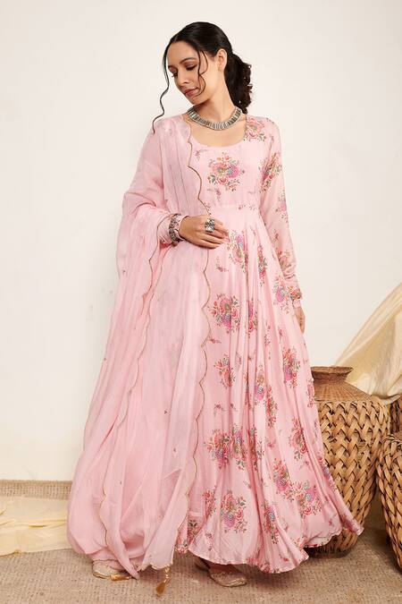 Itraake_Pink Anarkali Cotton Silk Printed Floral Round Flowy Set _Online_at_Aza_Fashions