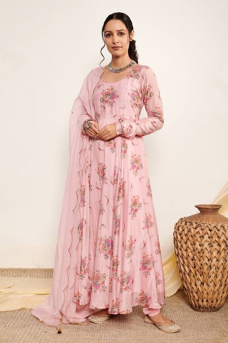 Buy_Itraake_Pink Anarkali Cotton Silk Printed Floral Round Flowy Set _Online_at_Aza_Fashions